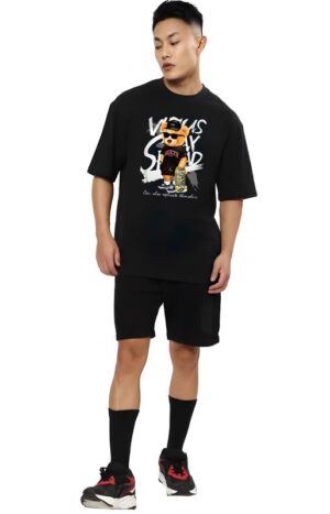Bowlifestyle Men Stylish Round Neck, Pure Cotton Over Size Printed Black T-Shirt