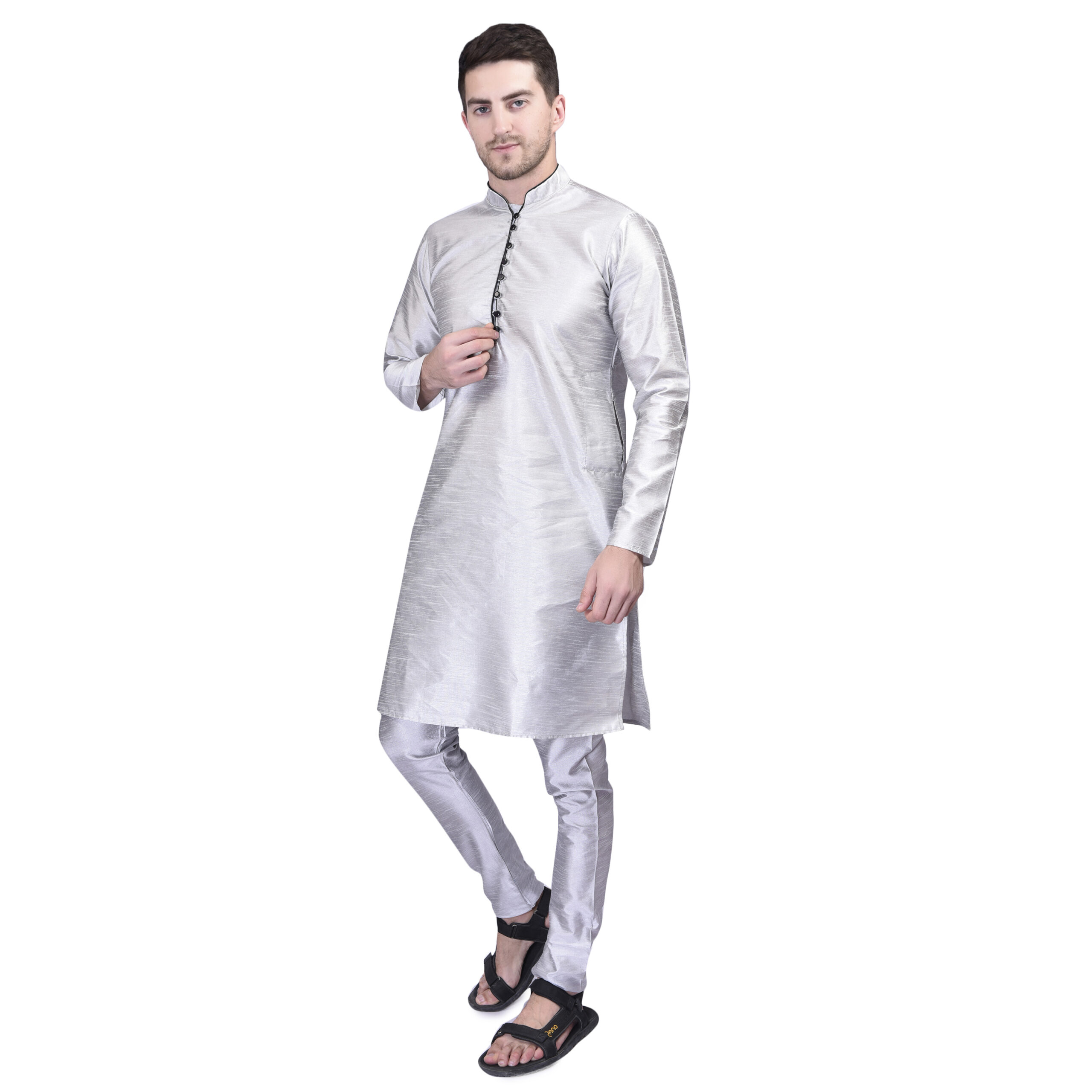 Bowlifestyle Kurta Set for Men - Silver Solid Silk Ethnic Wedding Wear