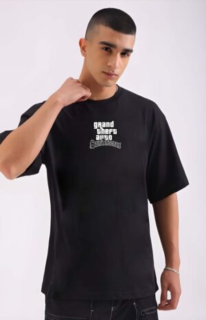 Bowlifestyle Men Fancy Round Neck, Pure Cotton Over Size Printed Black T-Shirt