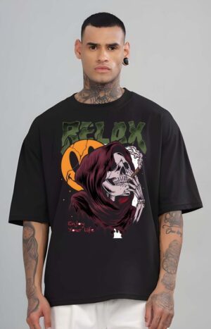 Bowlifestyle Men New Arrival Round Neck, Pure Cotton Over Size Printed Black T-Shirt